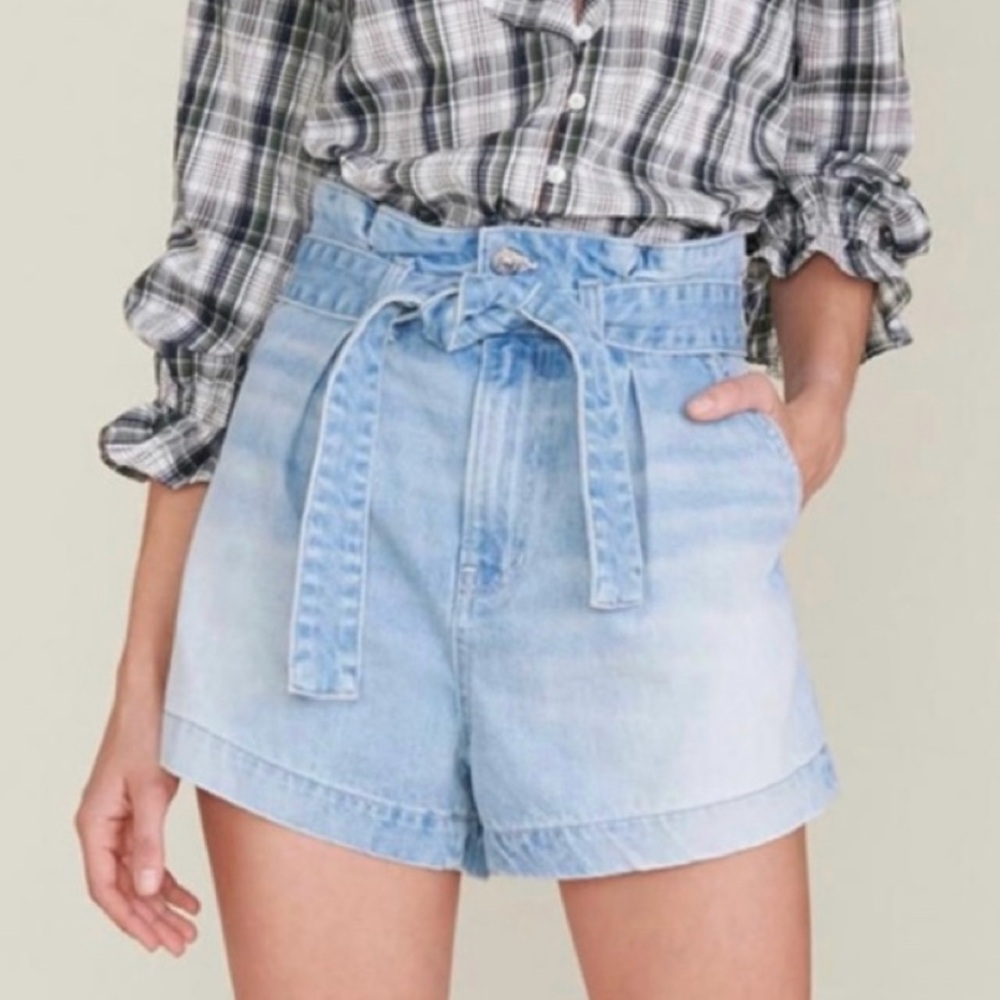 Veronica Beard Light Blue High-Waist Paperbag Denim Shorts